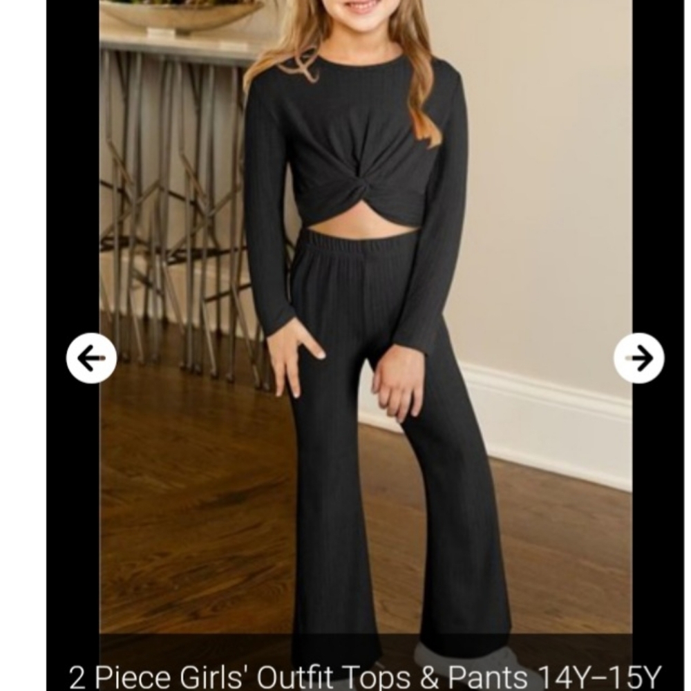 Girls Black Ribbed 2 Piece Set Twist Front Crop Top and Flare Pants Size 14Y-15Y